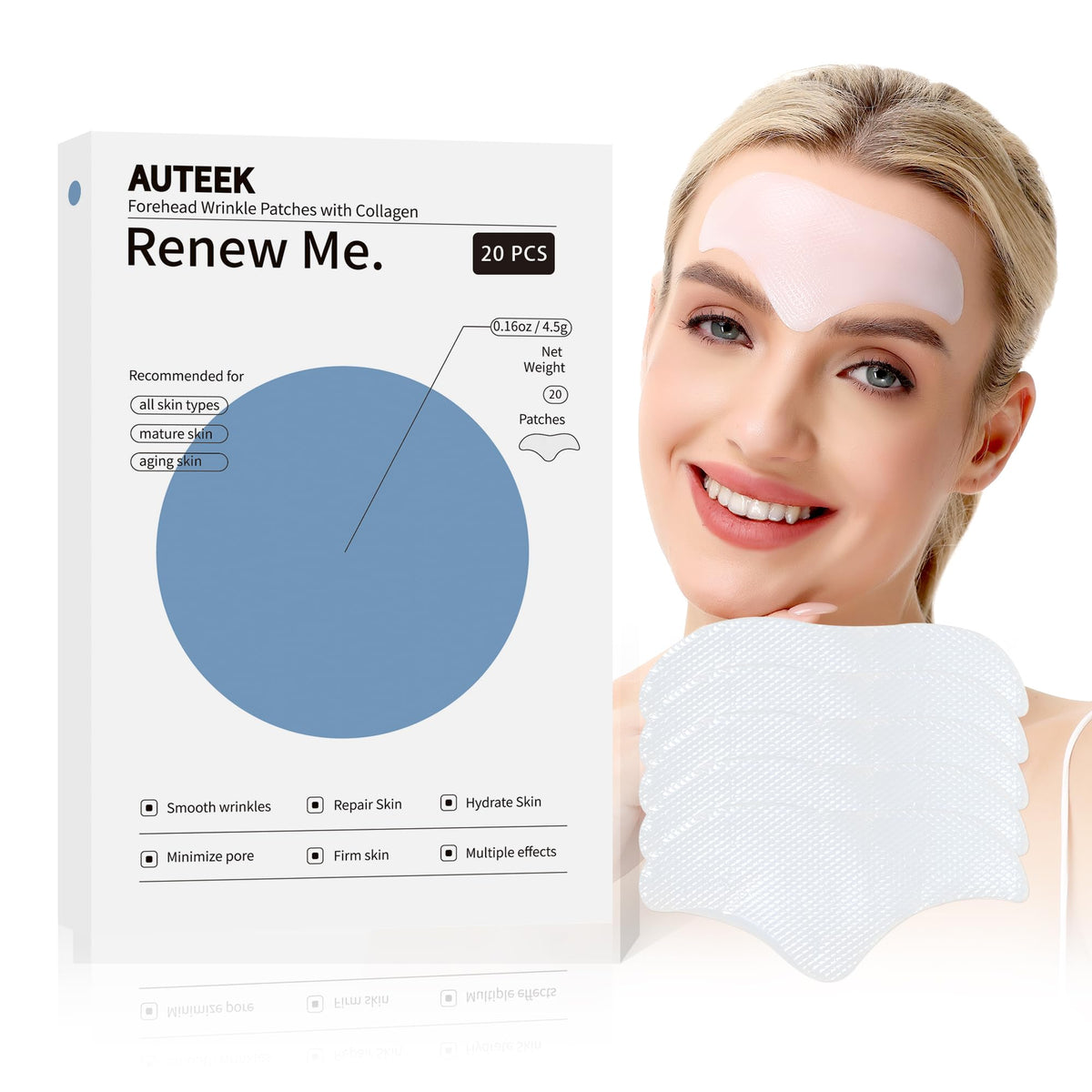 Auteek front packaging showing 20 patches and product benefits