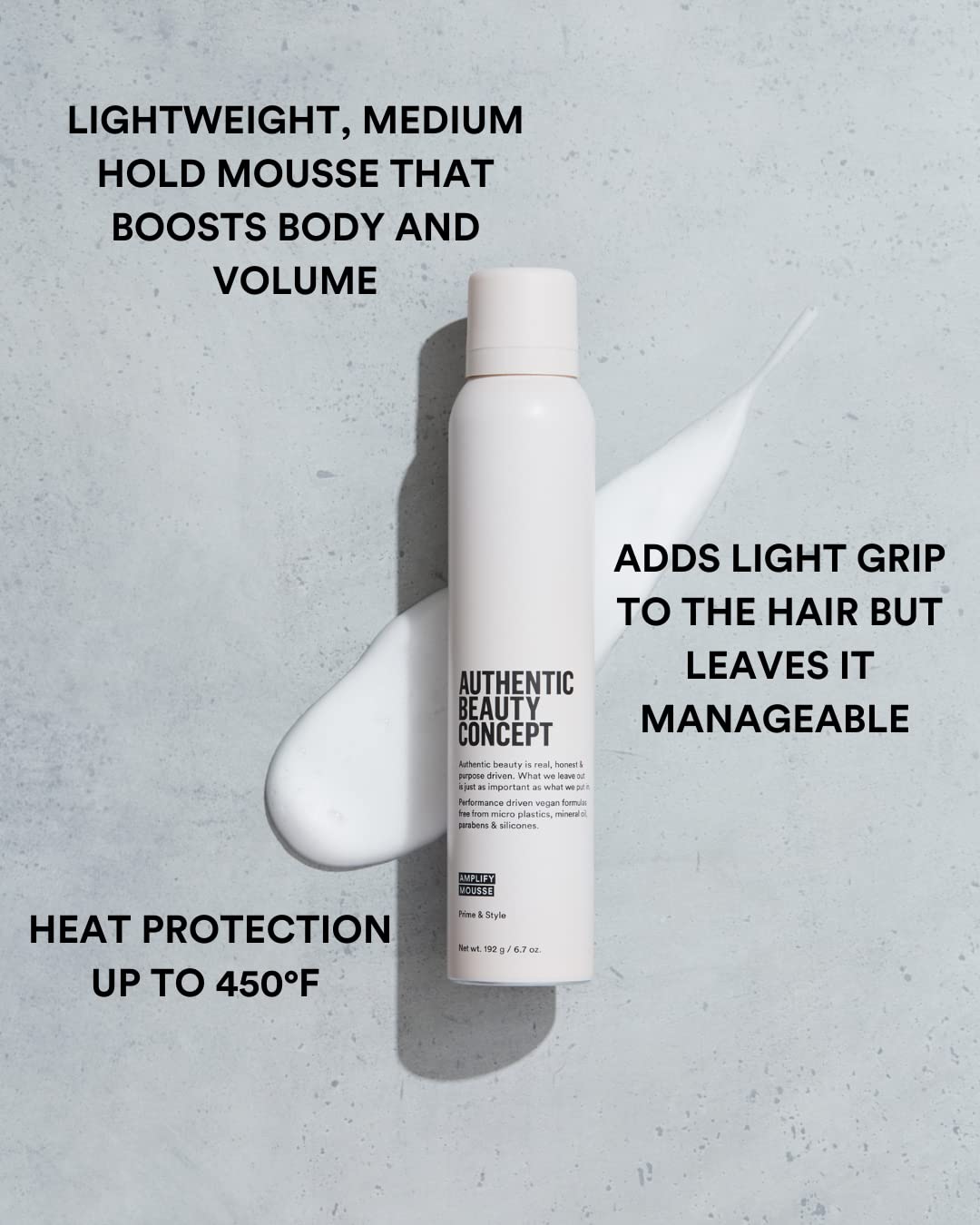Authentic Beauty Concept mousse dispensed on hand for lightweight volume demonstration