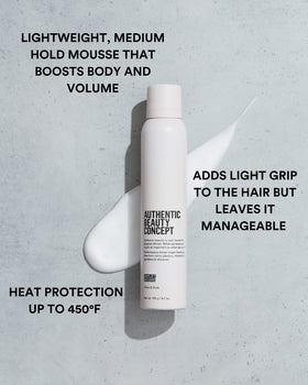 Authentic Beauty Concept mousse dispensed on hand for lightweight volume demonstration