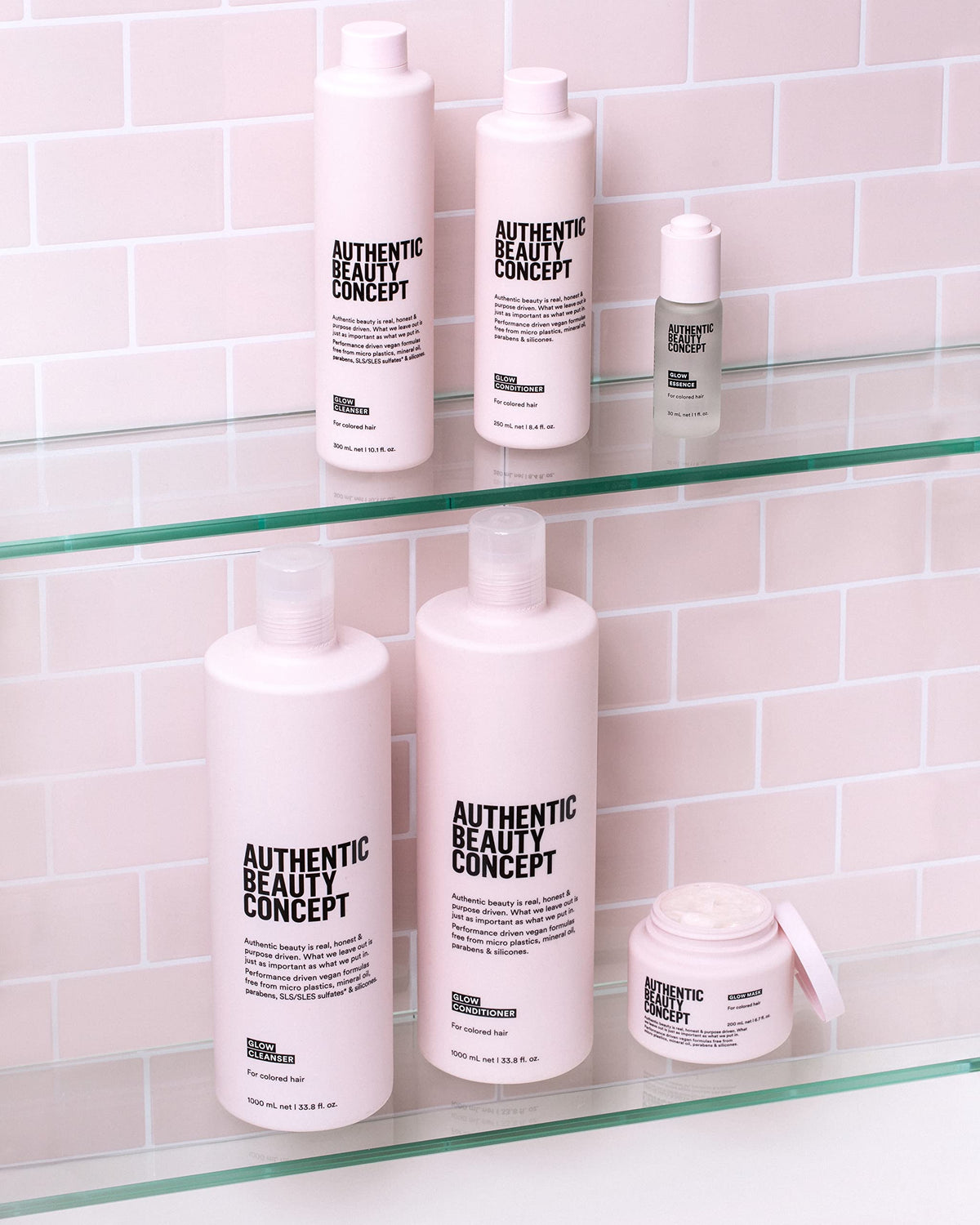 Authentic Beauty Concept on a bathroom shelf styled to show daily use convenience