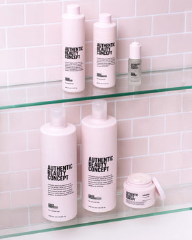 Authentic Beauty Concept on a bathroom shelf styled to show daily use convenience