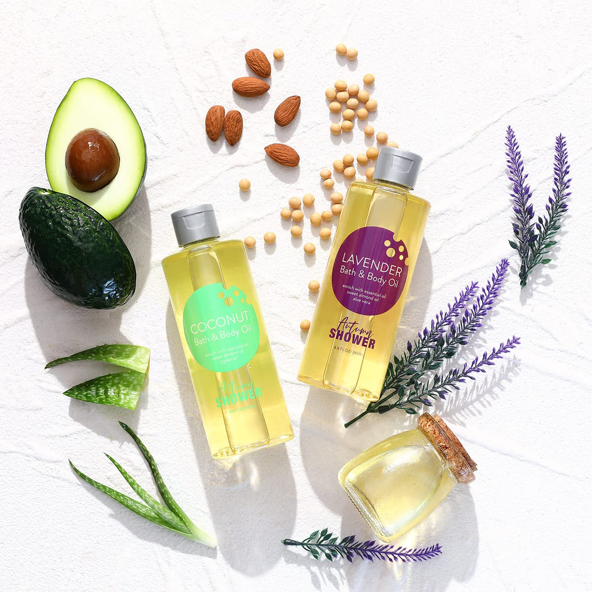 Autumn Shower bottle beside bathtub conveying relaxing bath use and ambiance benefit