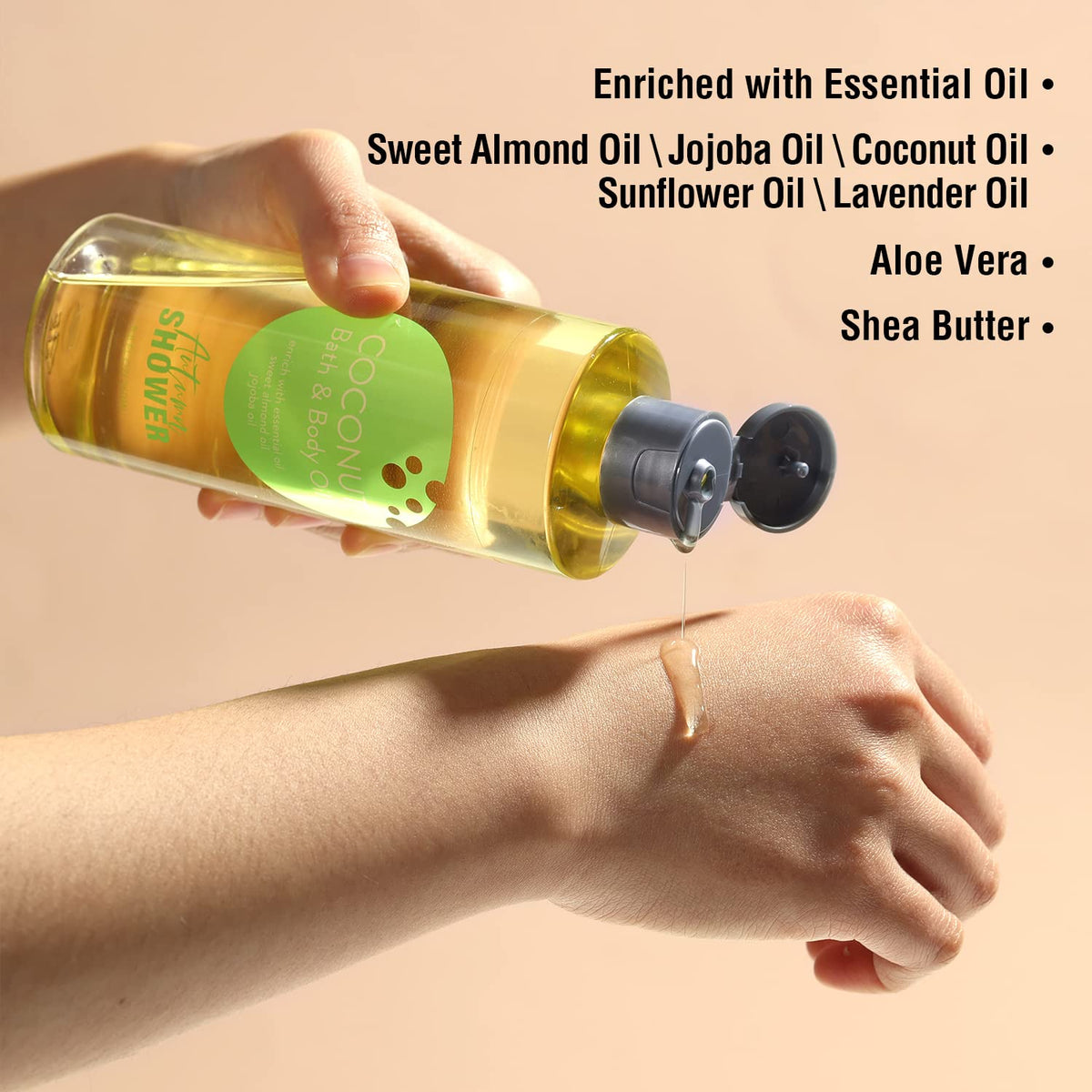 Autumn Shower oil pouring to show silky texture and fast absorption benefit
