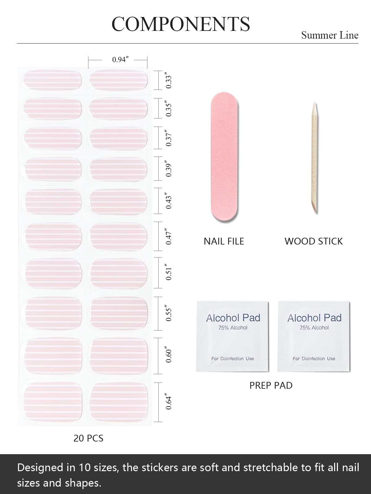 AutyaMee full kit contents laid out to show included prep pads, file and wooden stick