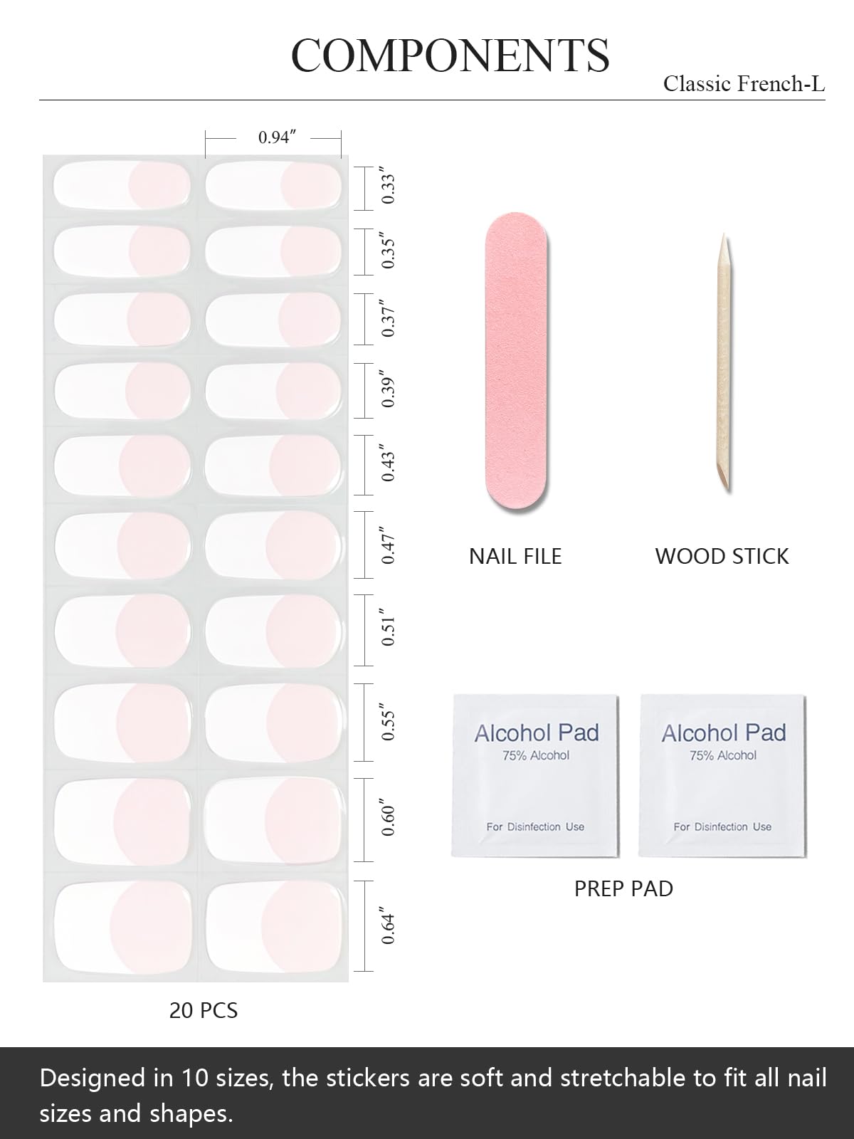 AutyaMee layout of included prep pads, file, stick, and 20 gel strips for quick setup
