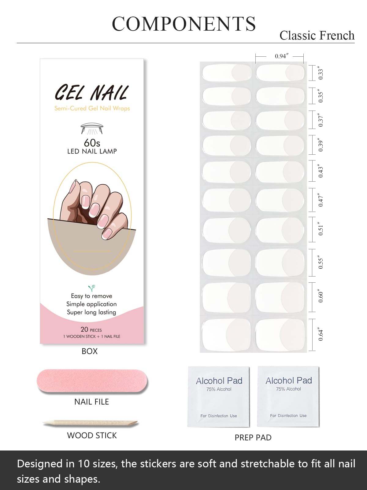AutyaMee layout of strips with file, prep pads and wooden stick for quick prep