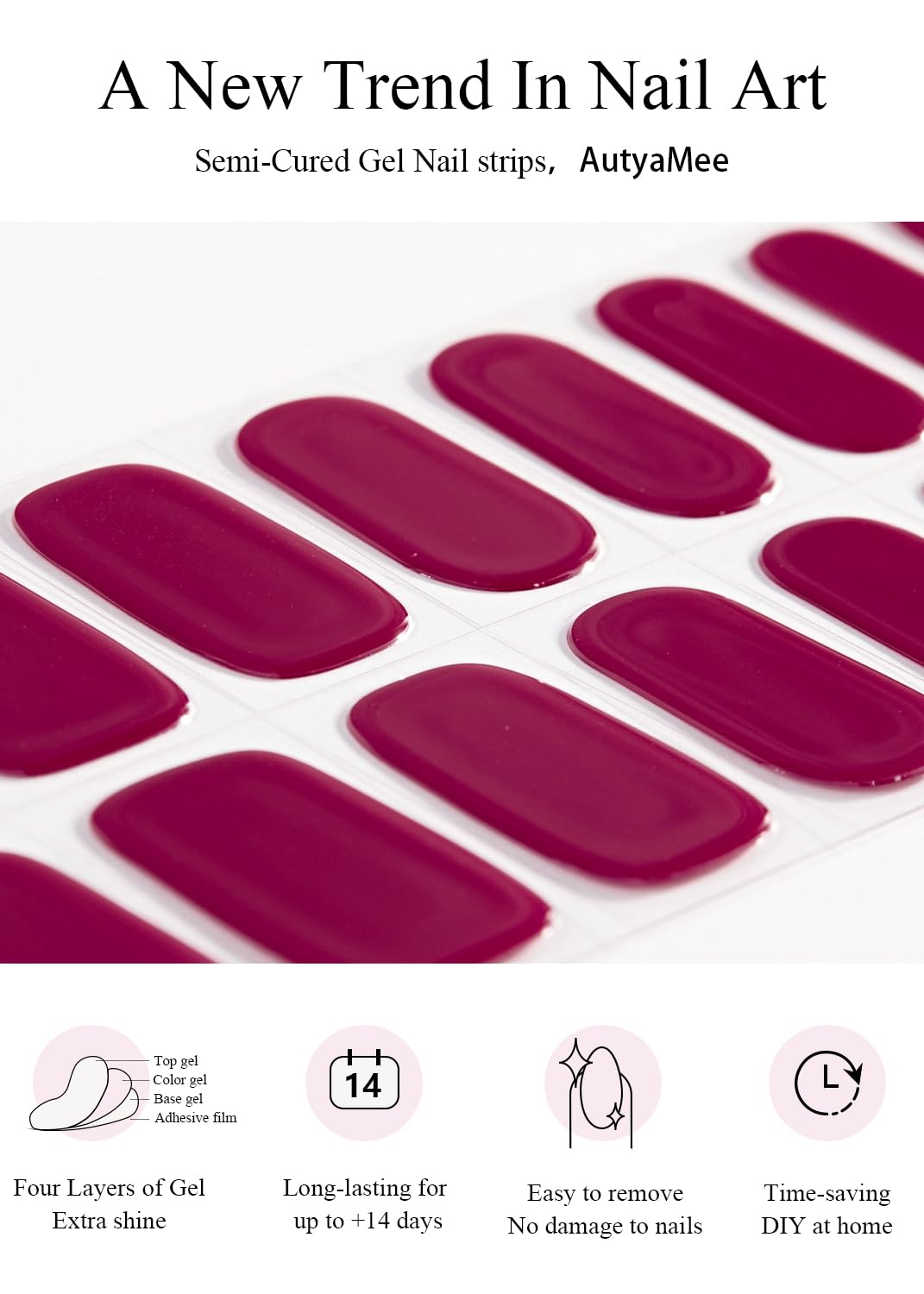 AutyaMee gel strip being applied to nail demonstrating easy stick-and-cure benefit