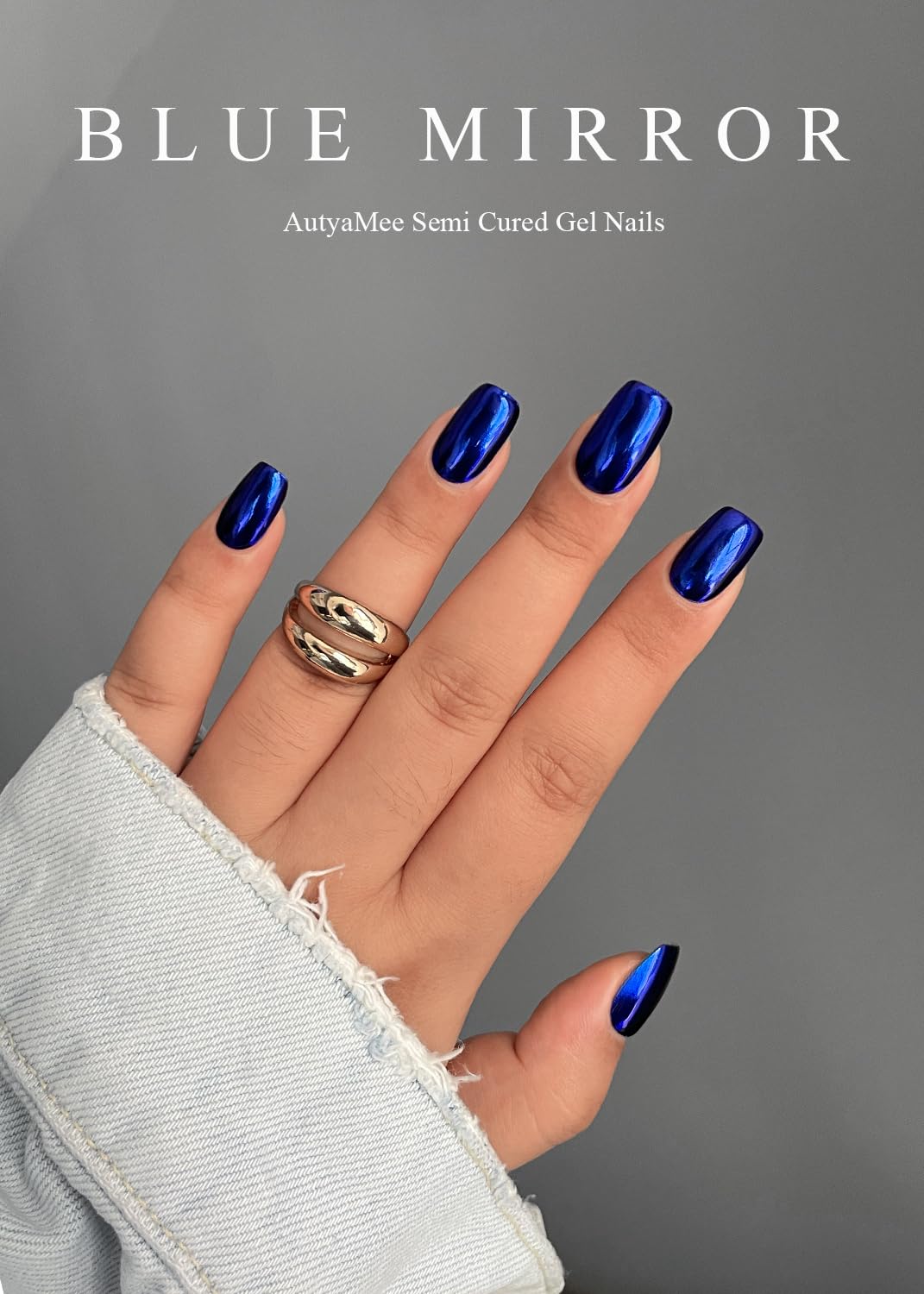 AutyaMee close-up of blue mirror gel texture and layers, shows reflective finish and gel depth