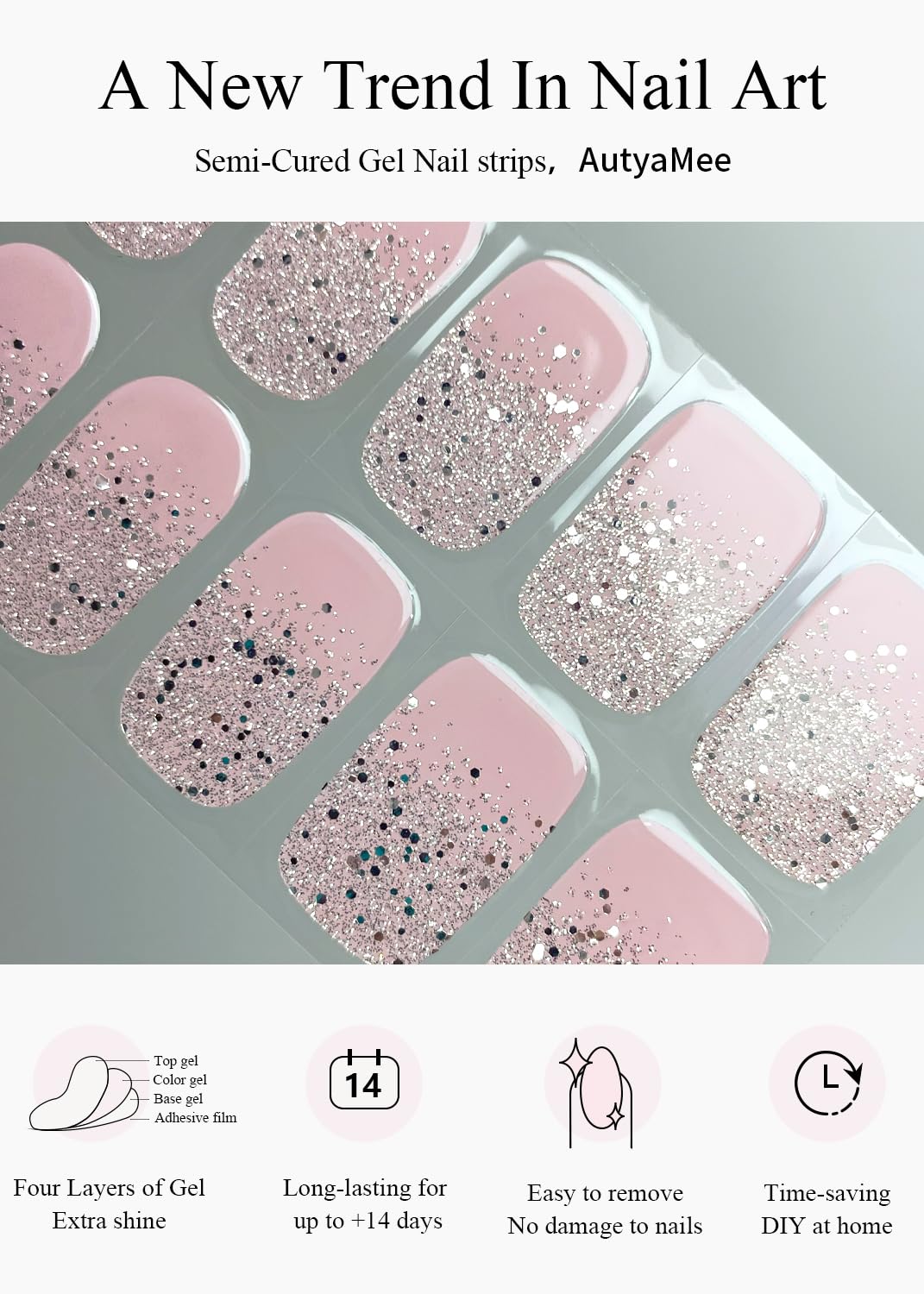 AutyaMee fully cured nails with glossy finish in a lifestyle setting showing salon-quality look