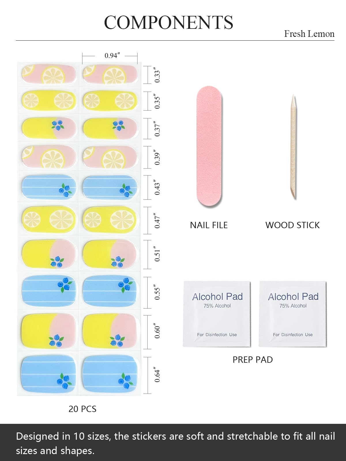 AutyaMee Fresh Lemon kit contents laid out with file pads and wooden stick for prep