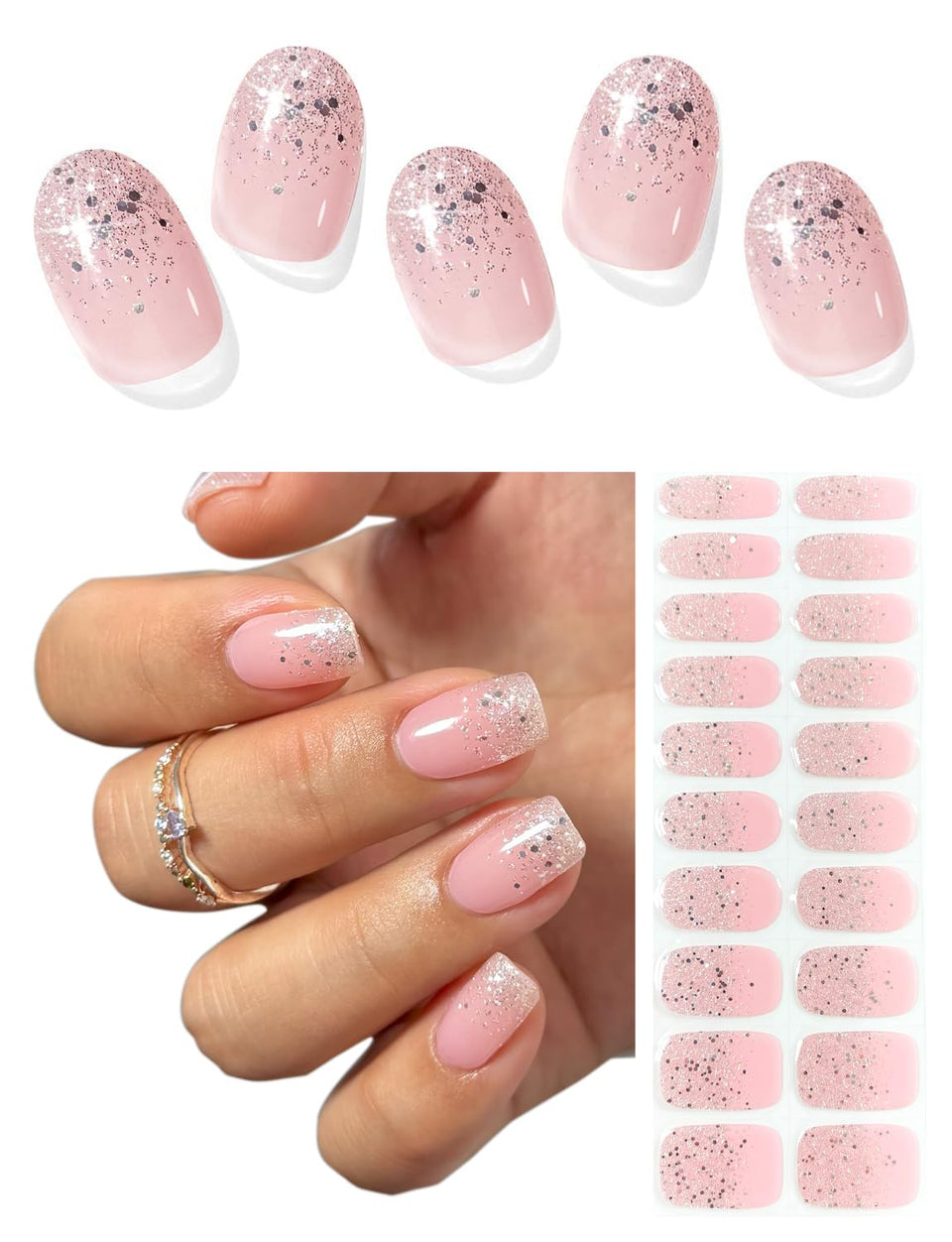 AutyaMee front packaging displaying white glitter tip strips and pink base, clear kit view benefits convenience