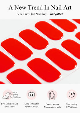 AutyaMee cured shiny red nails on hand showcasing salon-quality long-lasting shine