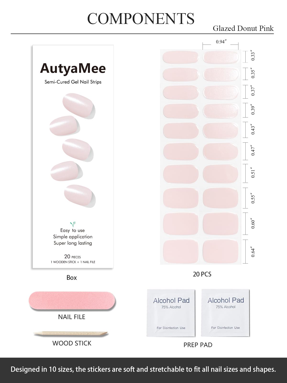 AutyaMee layout of 20 strips and tools showing size variety and application accessories