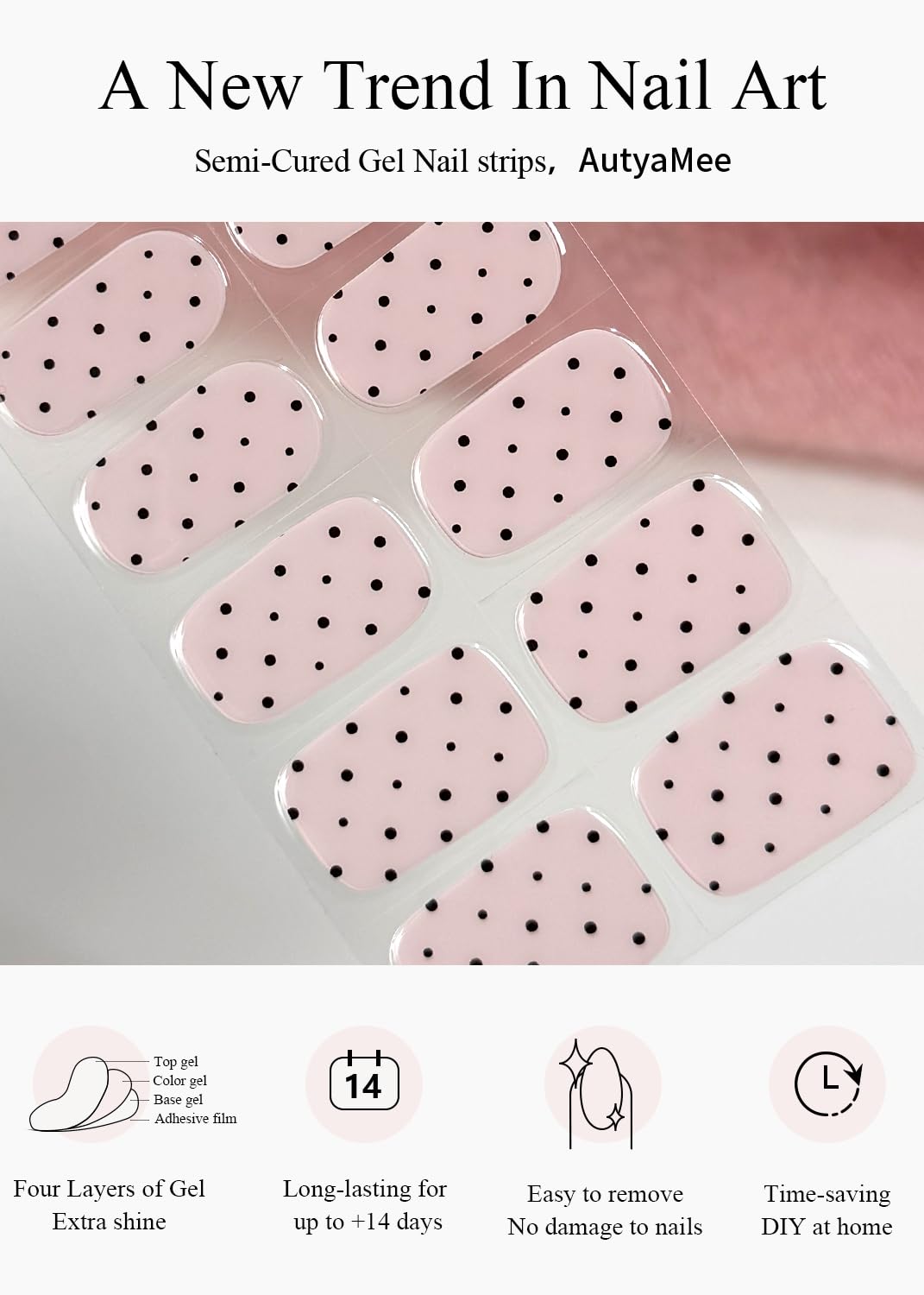 AutyaMee strip adhered on a natural nail before curing demonstrating easy stick-on application