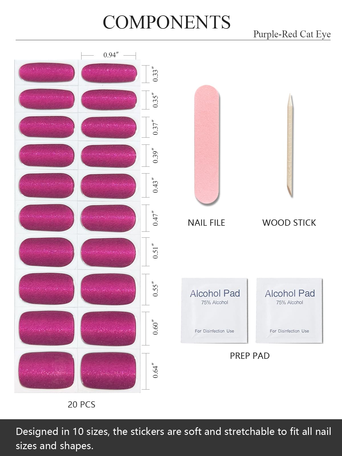AutyaMee 20pcs strip size layout displayed to match various nail widths easily