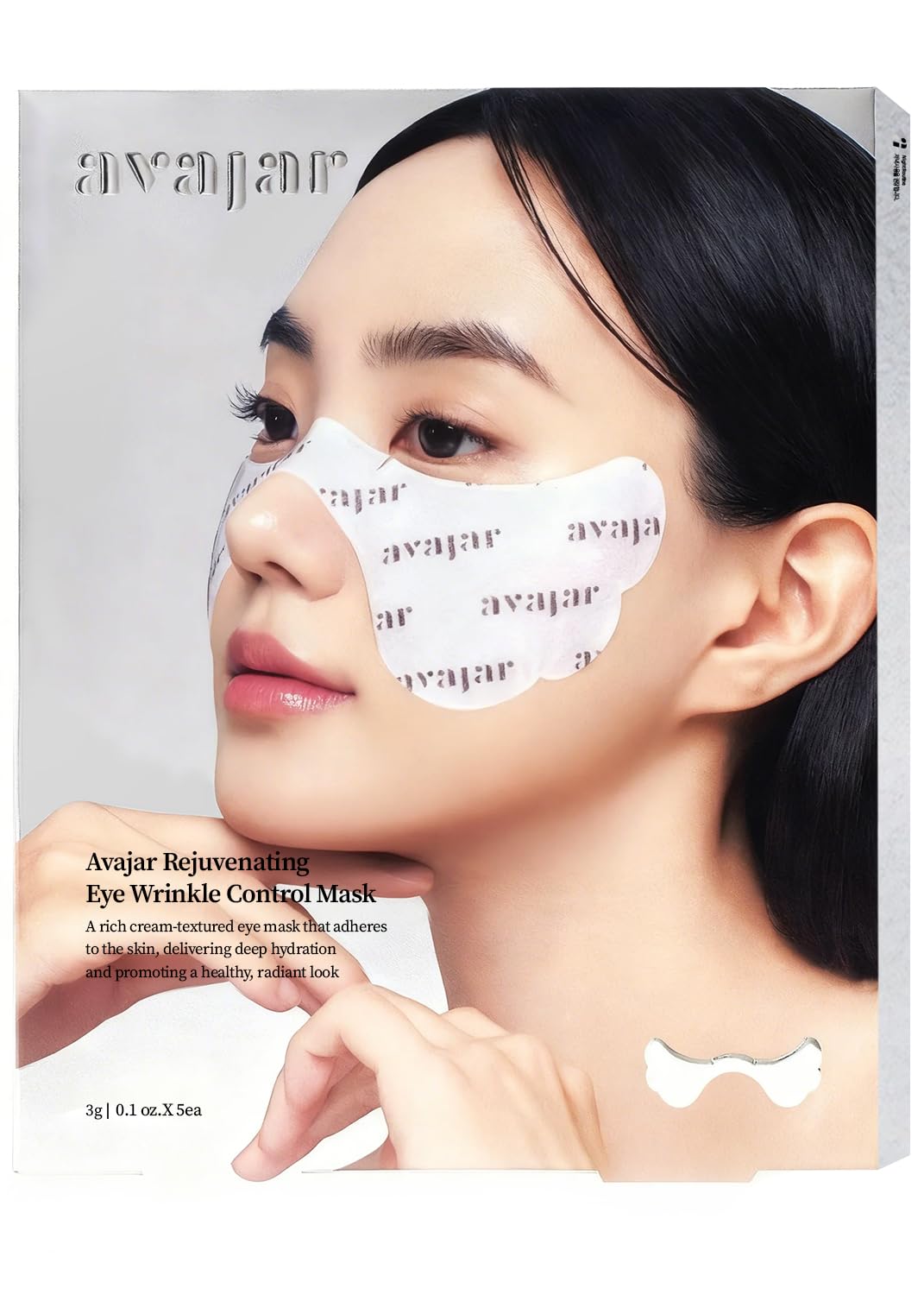 Avajar front packaging showing five individually wrapped collagen eye patches and benefit moisture