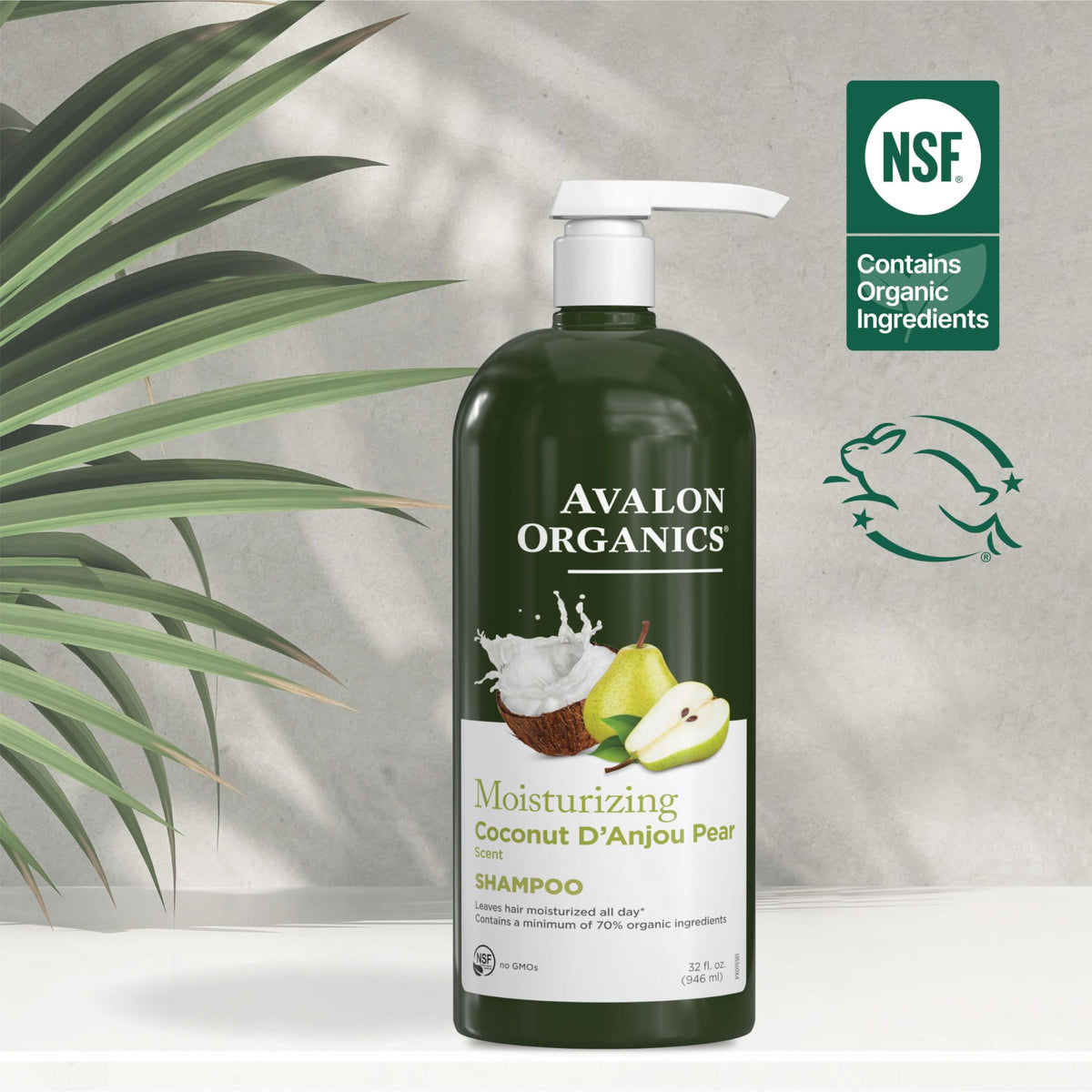 Avalon Organics bottle with recycled plastic icon emphasizing eco-friendly packaging benefit