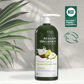 Avalon Organics bottle with recycled plastic icon emphasizing eco-friendly packaging benefit