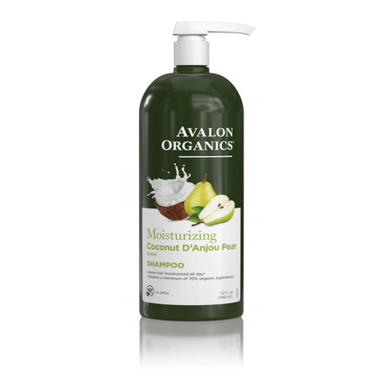 Avalon Organics front packaging showing 32 fl oz bottle and coconut pear design for gentle hydration
