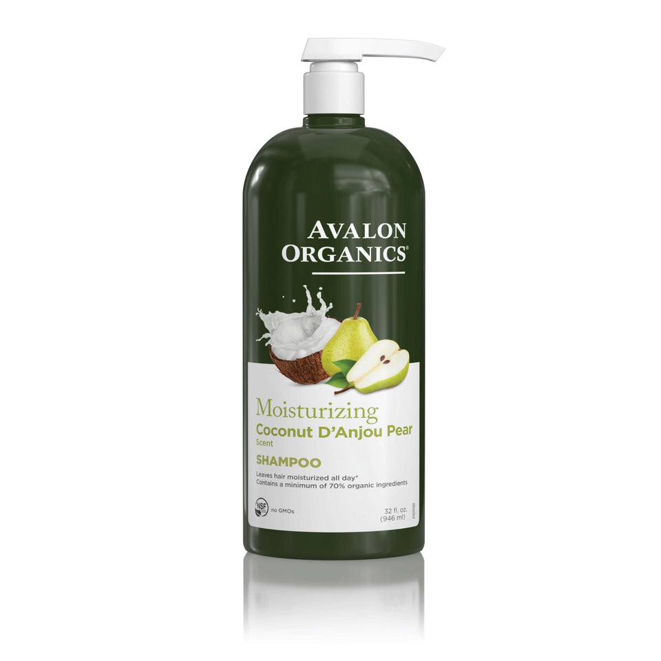 Avalon Organics front packaging showing 32 fl oz bottle and coconut pear design for gentle hydration