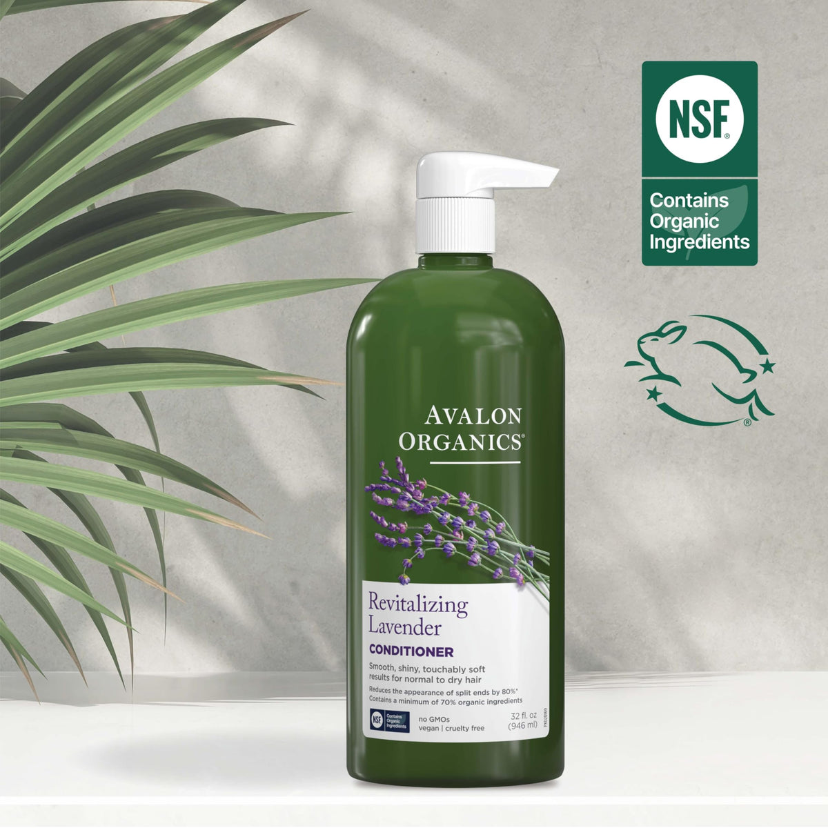 Avalon Organics conditioner surrounded by quinoa and aloe to highlight botanical strengthening benefits