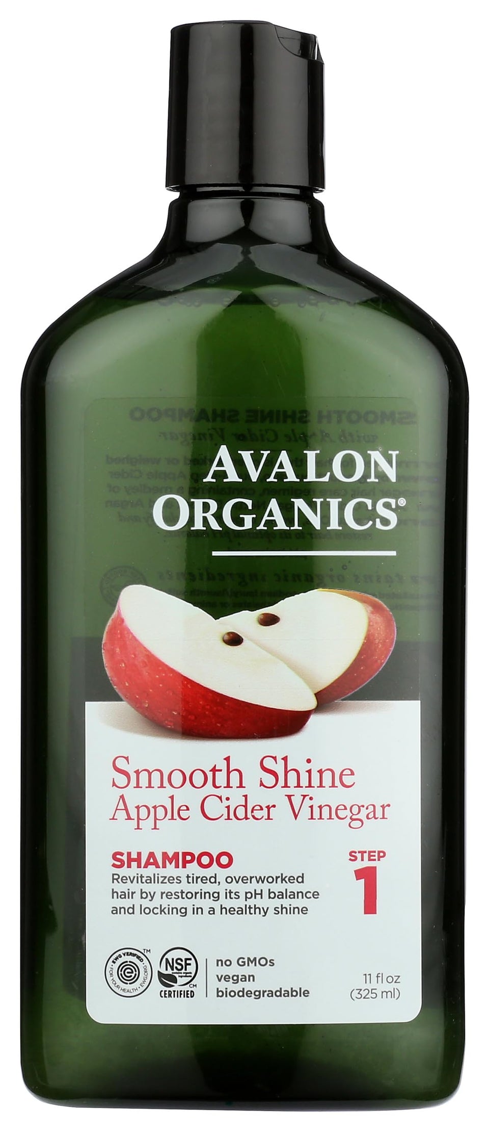 Avalon Organics front bottle showing 11 fl oz and smooth-shine benefit