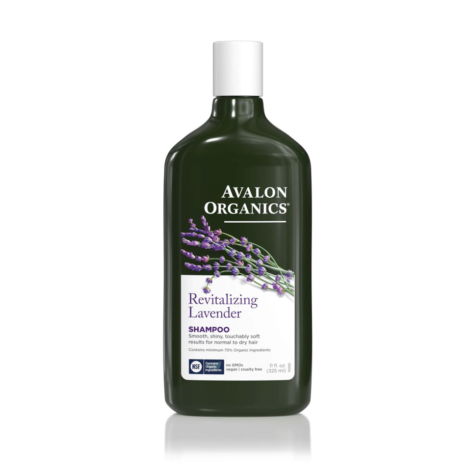 Avalon Organics front bottle showing lavender shampoo and clear branding for gentle cleansing