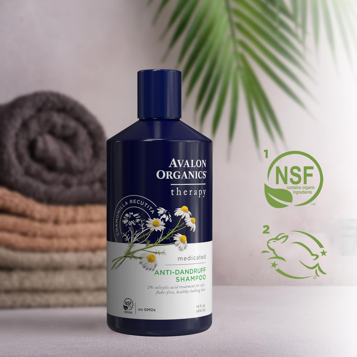 Avalon Organics bottle on a bathroom shelf among plants conveying natural, eco-focused care