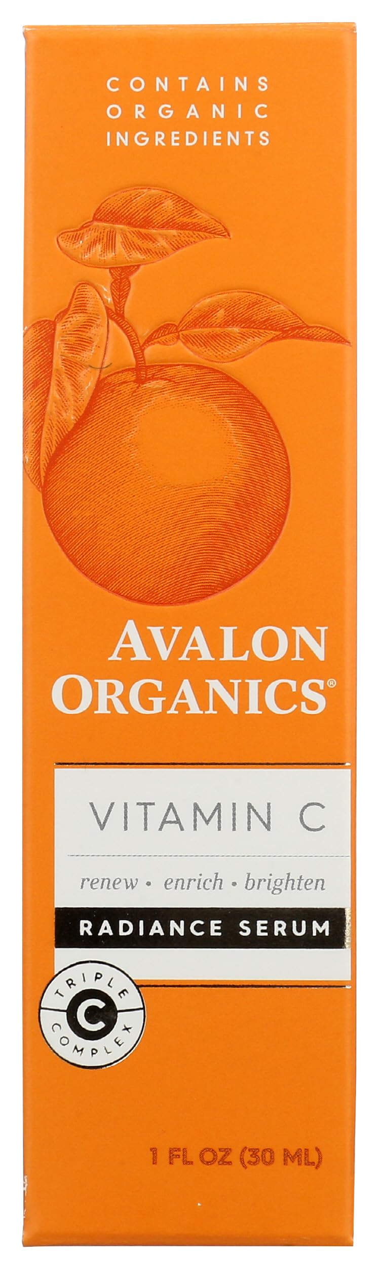 Avalon Organics Radiance Serum front bottle showing label and compact size, promotes brightening