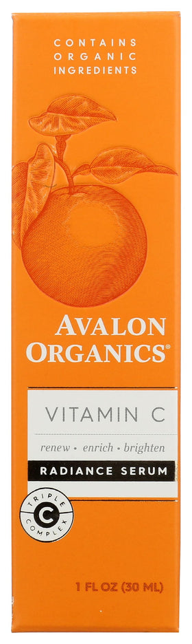 Avalon Organics Radiance Serum front bottle showing label and compact size, promotes brightening