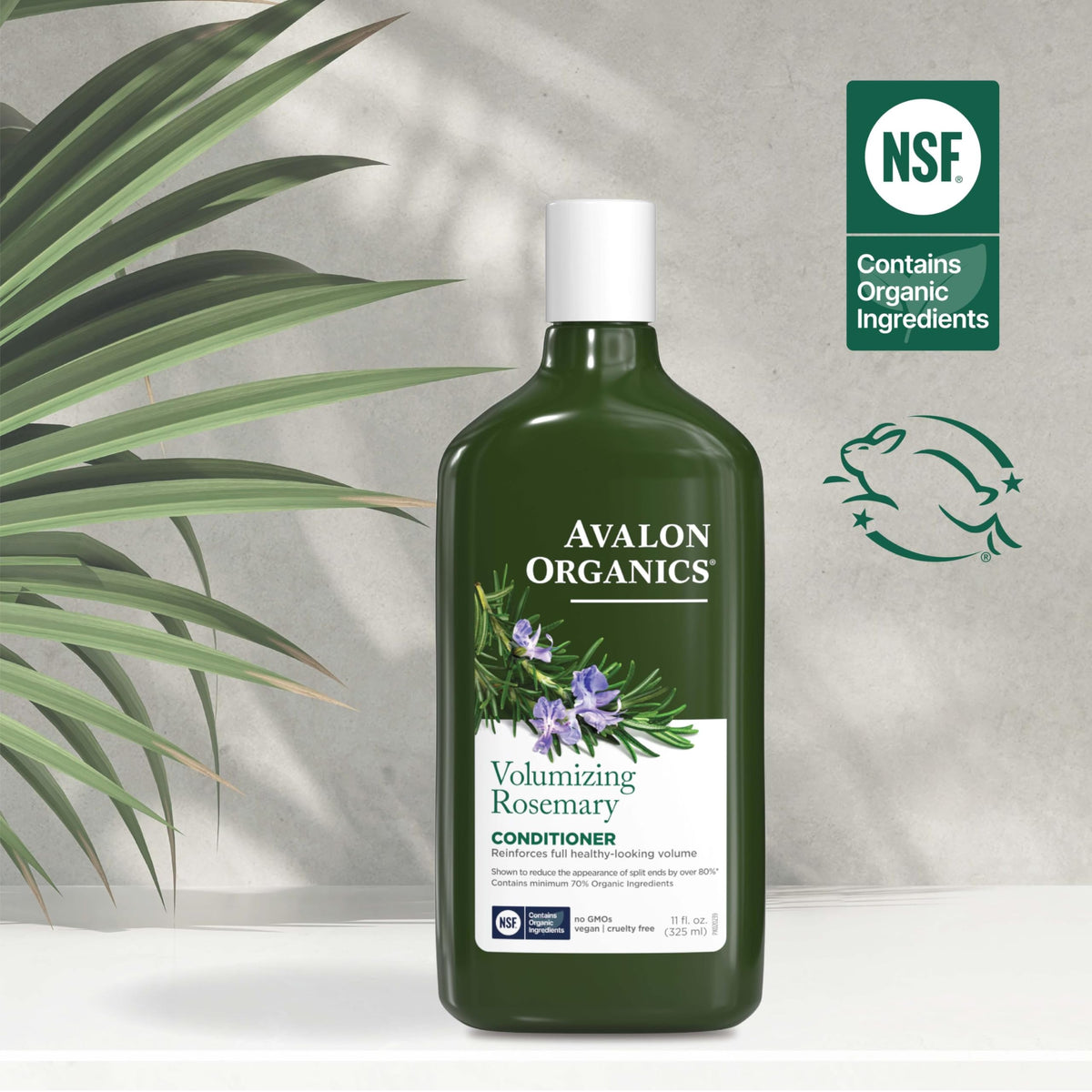 Avalon Organics bottle on bathroom shelf suggesting daily use for fuller, healthier-looking hair