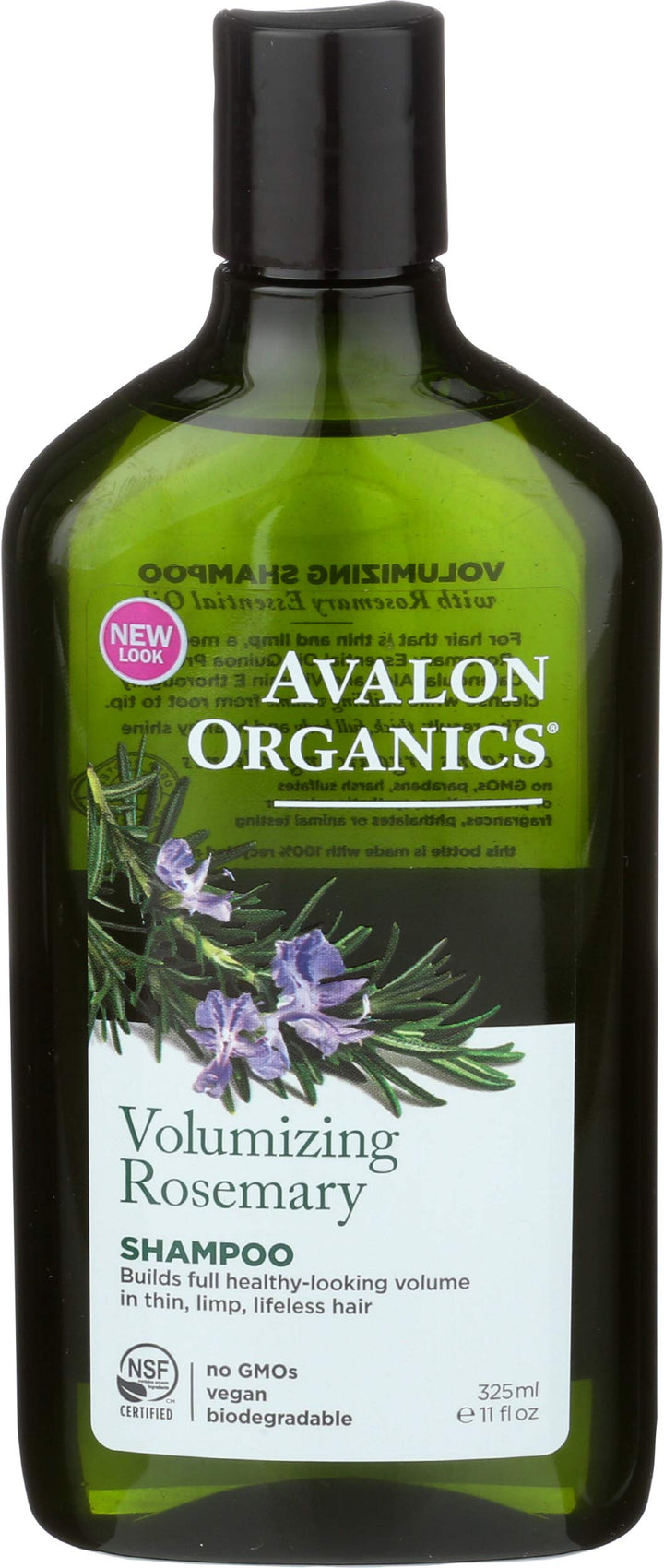 Avalon Organics rosemary shampoo front packaging showing brand benefit of volume