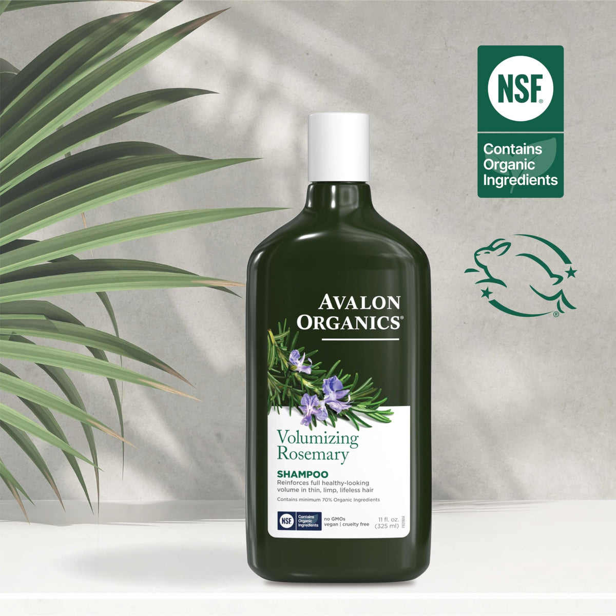 Avalon Organics bottle staged on bathroom shelf conveying everyday clean-beauty use