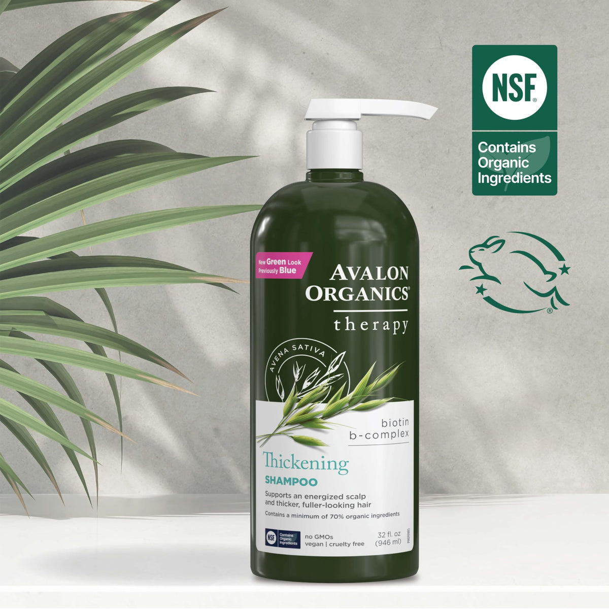 Avalon Organics bottle next to hand showing 32 oz scale and value benefit