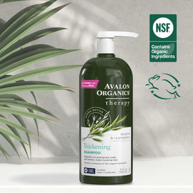 Avalon Organics bottle next to hand showing 32 oz scale and value benefit