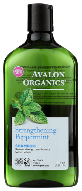Avalon Organics bottle front label showing peppermint shampoo benefits