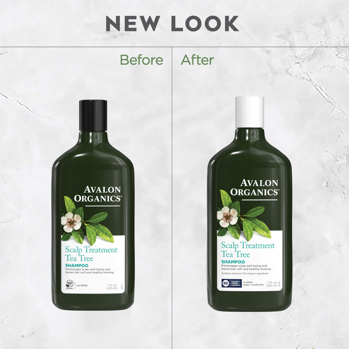 Avalon Organics ingredients display with tea tree and aloe for calm scalp