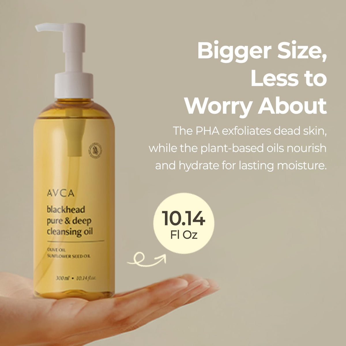 AVCA size scale with 300ml bottle illustrating jumbo volume and value