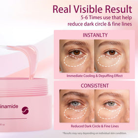 AveCera patch applied under eye illustrating quick de-puffing effect