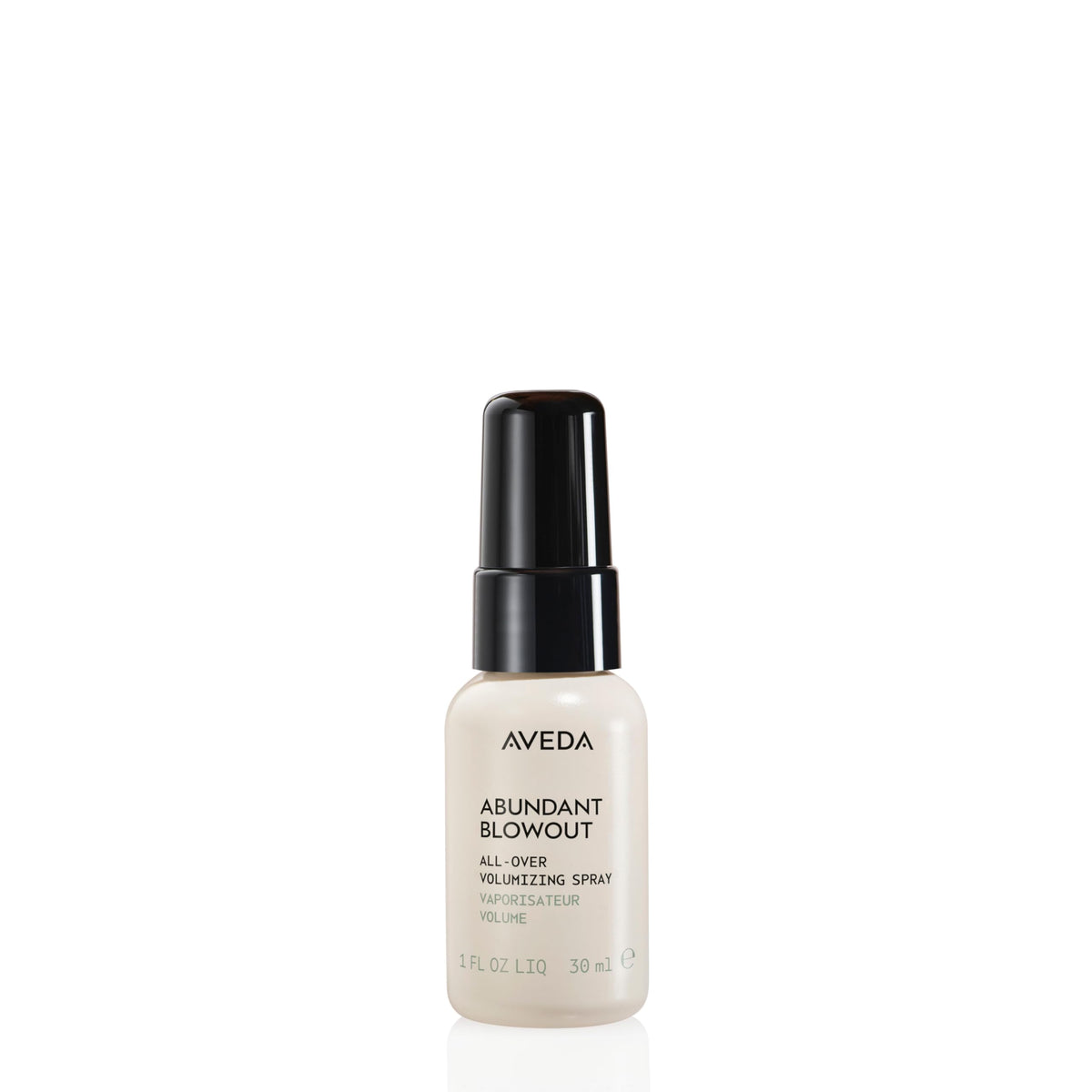 Aveda abundant blowout front packaging showing travel-size bottle and label benefit