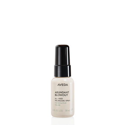Aveda abundant blowout front packaging showing travel-size bottle and label benefit