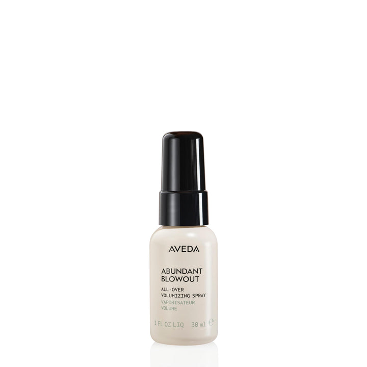 Aveda abundant blowout front packaging showing travel-size bottle and label benefit
