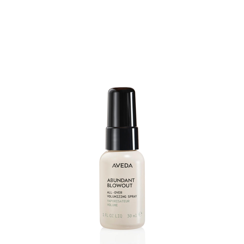 Aveda abundant blowout front packaging showing travel-size bottle and label benefit
