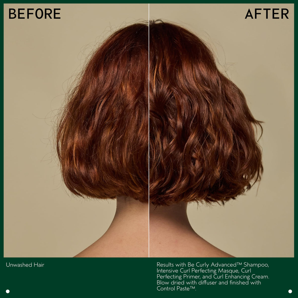 Aveda Be Curly before and after curls image showing improved definition and reduced frizz