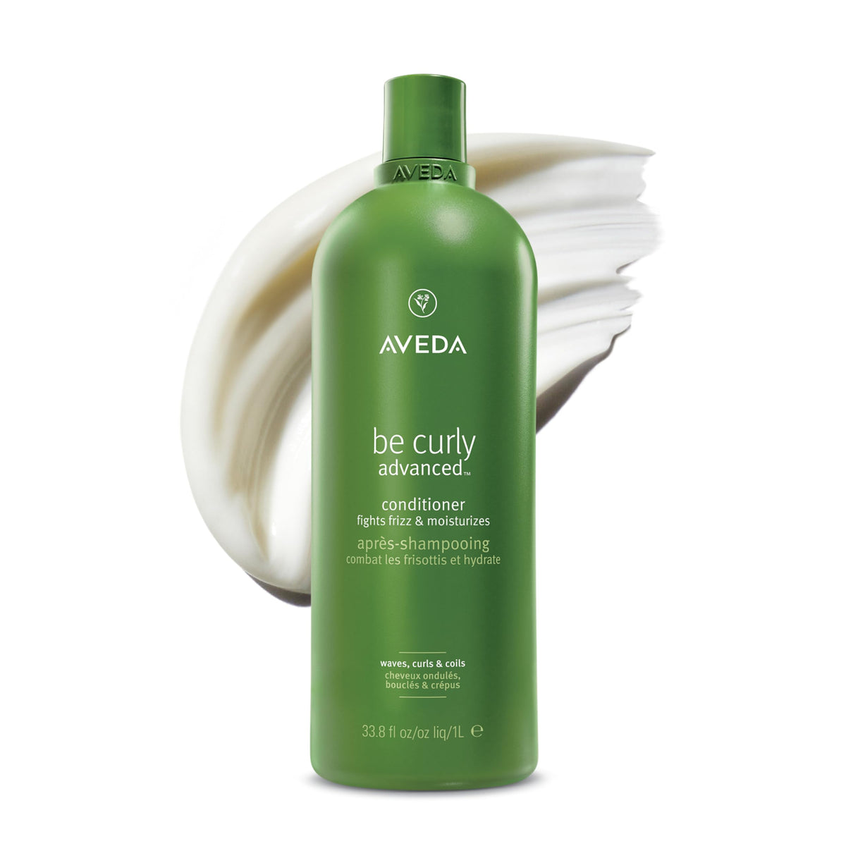 Aveda Be Curly front packaging showing large 33.8 oz bottle and label benefits