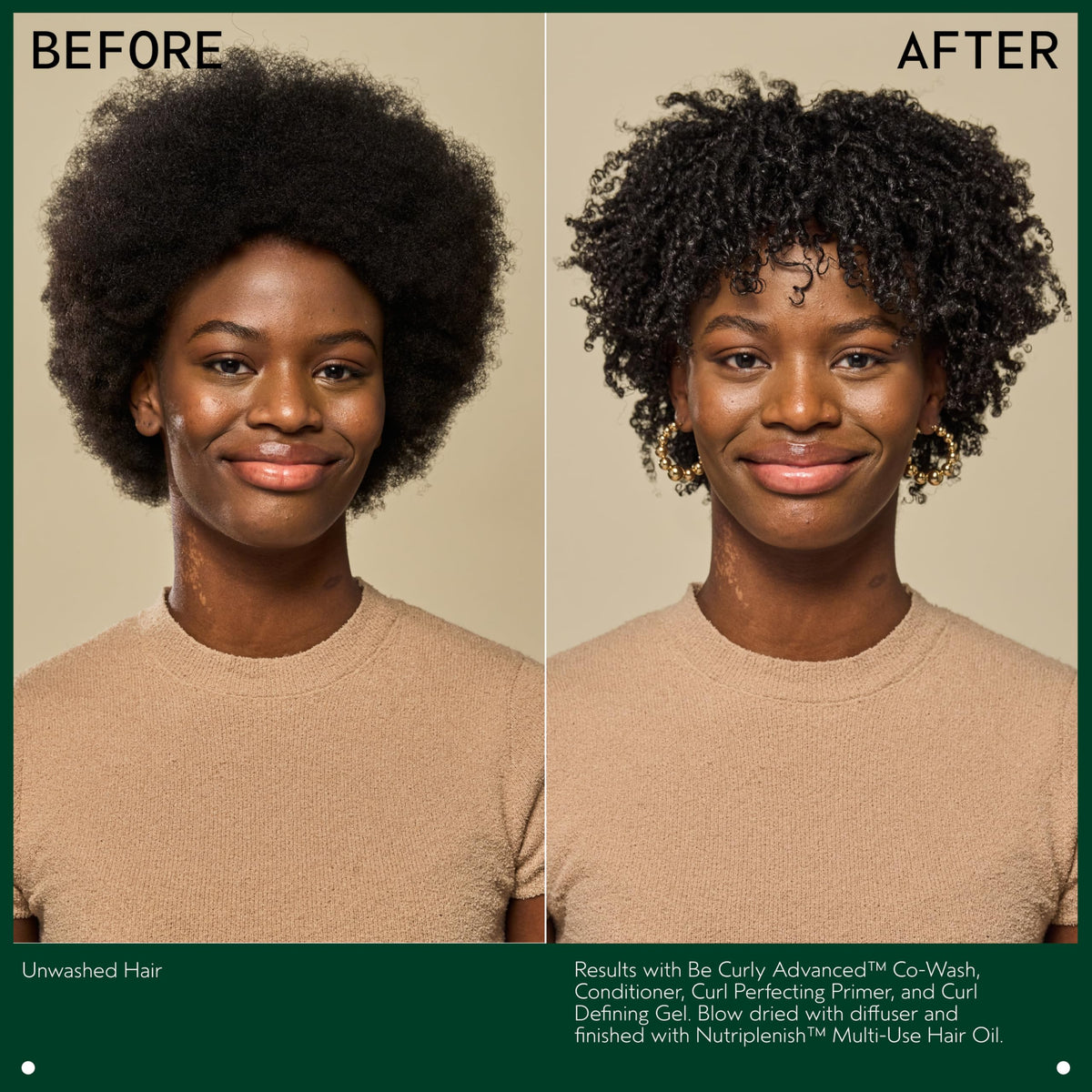 Aveda Be Curly bottle in hand for size and scale, convenient large refill benefit