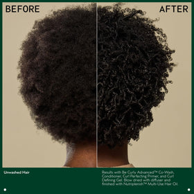 Aveda Be Curly rinsing from hair showing gentle cleansing without stripping