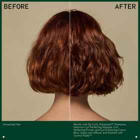 Aveda Be Curly shampoo in shower use illustrating smooth detangling benefit