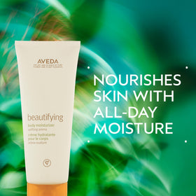 Aveda Beautifying Body Lotion texture close-up demonstrating lightweight, fast-absorbing cream for quick hydration