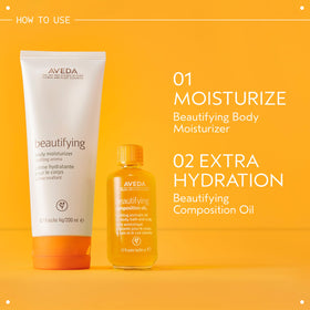 Aveda Beautifying Body Lotion beside a 6.7 fl oz scale prop illustrating compact travel-friendly size and portability